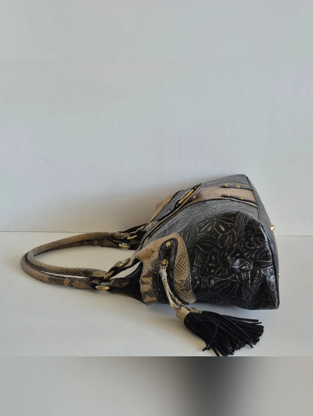 Original by Sharif 1827 Snakeskin Embossed Floral Design Large Hobo Shoulder Bag